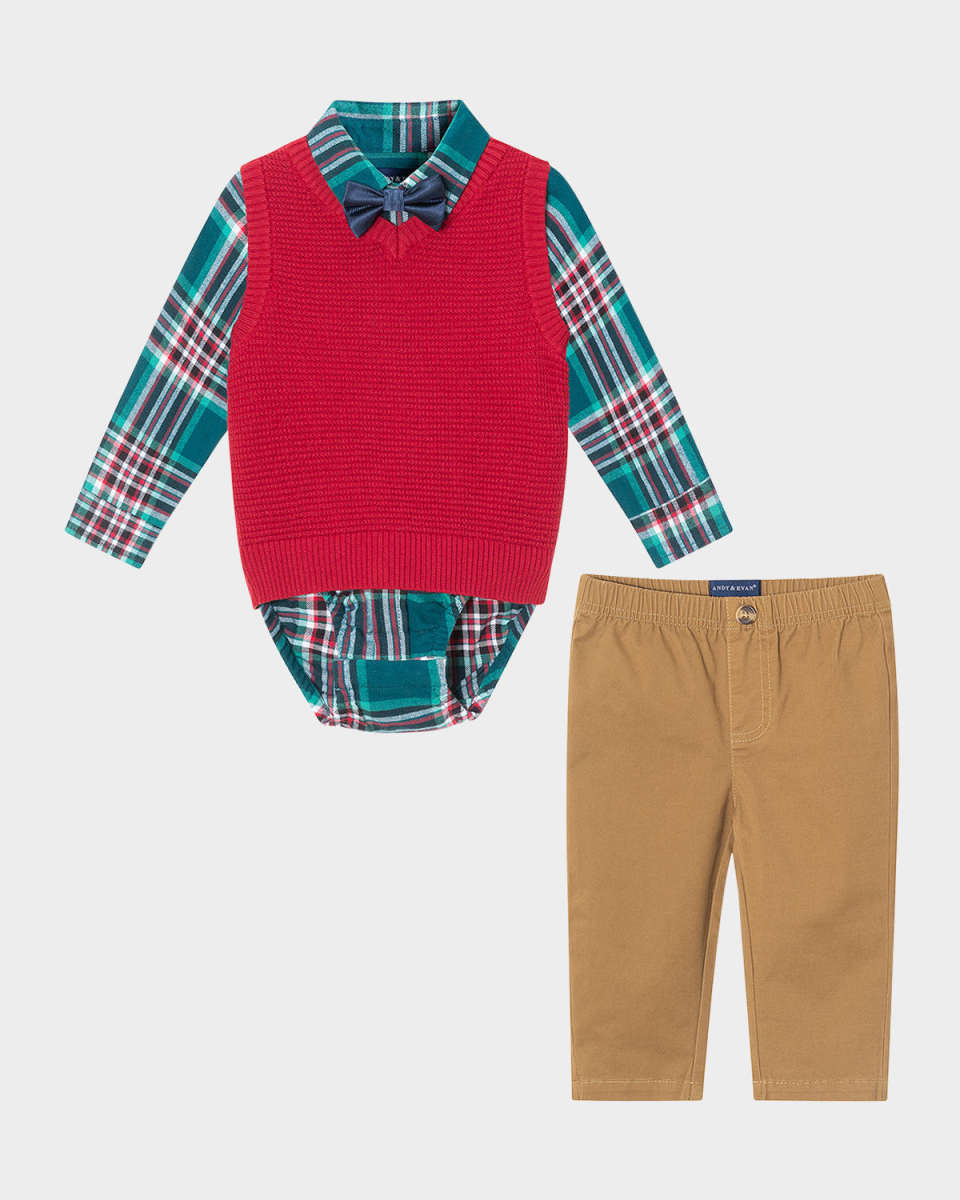 Boy's Plaid Button Down Bodysuit W/ Sweater Vest & Bowtie Set, Size Newborn-24